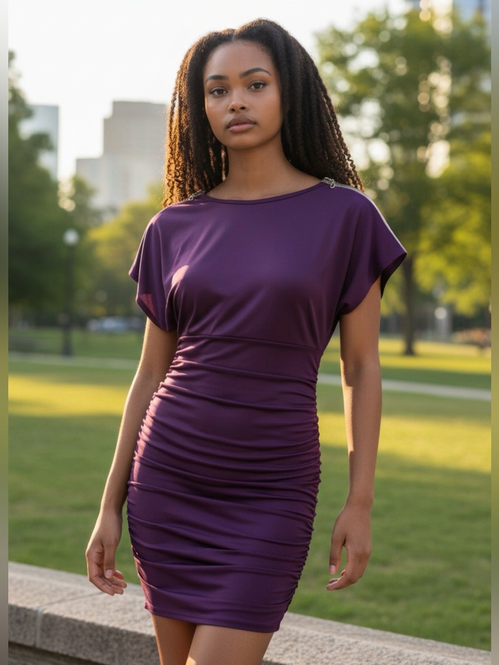 Purple Ruched Bodycon Dress. Size Small